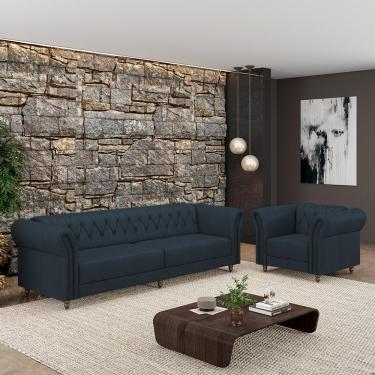 Imagem de Conjunto Sala de Estar 1 Sofá Living 260cm e 1 Poltrona Stanford Chesterfield Pés Madeira Couro Azul Marinho G58 - Gran Belo