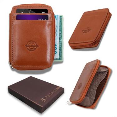 Imagem de Carteira Slim De Couro Legítimo Com Zíper Porta Cartões Cnh - Artlux, 