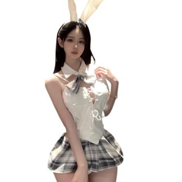 Imagem de SENJIY Lingerie sexy de coelho para mulheres playboy, roupa íntima, cosplay, fantasia de couro PU, alça babydoll, anime, interpretação de orelhas de coelho, body saia xadrez branca