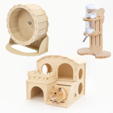 Imagem de Conjunto de roda de hamster e garrafa de água de madeira para hamster House, roda silenciosa de exercícios de 15 cm com suporte ajustável para dispensador de água, acessórios para animais pequenos