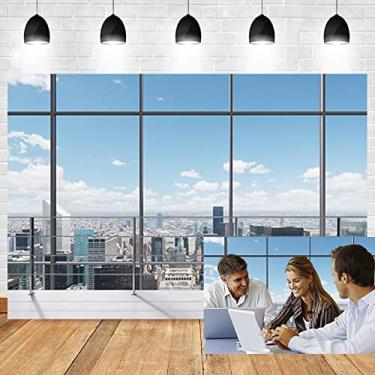 Imagem de OERJU Pano de fundo de janela de escritório comercial de 3,7 x 2,4 m para fotografia janela francesa vazia trabalho moderno edifício de cidade Nova York arranha-céus vinil fundo de estúdio fotográfico