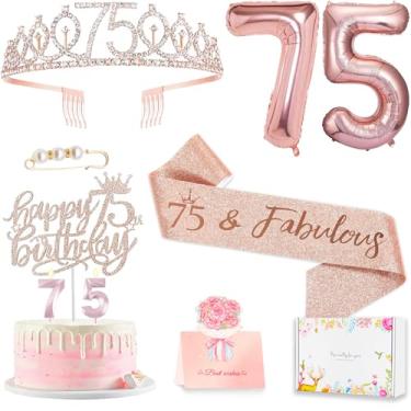 Imagem de Decorações de presentes de 75 anos para mulheres, incluindo topo de bolo de 75 anos, faixa rainha de aniversário com pino de pérola, coroa de tiara de strass doce, conjunto de velas e balões de número