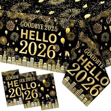 Imagem de Hahafelt Pacote com 3 toalhas de mesa Goodbye 2025 Hello 2026 Happy New Years Decorações preto e dourado plástico descartável toalha de mesa retangular para artigos de festa de Ano Novo 2026, 267 x