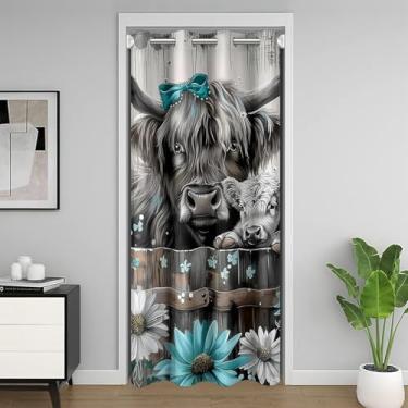 Imagem de Cortina de porta de madeira retrô, cortina de porta de gado Highland para porta de armário, cortina de porta de flores rústicas para privacidade do quarto, 1 painel 106,7 cm L x 213,4 cm C
