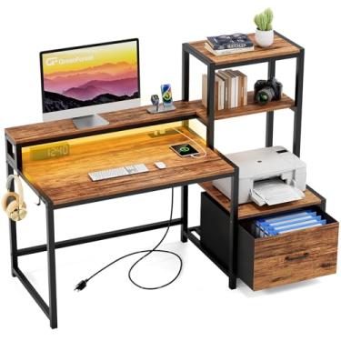 Imagem de GreenForest Mesa de computador com gavetas e suporte para monitor, mesa de escritório em casa com prateleiras de armazenamento, pequena mesa de jogos com tomadas elétricas e luzes de LED para estudo