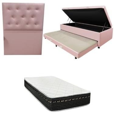 Imagem de Cama Box Baú Solteiro com Auxiliar (Bicama) + Colchão Eagle Molas Bonnel 22cm | Kit Completo com Cabeceira Botonê Opcional | Diversas Cores (3, CORINO ROSA, COM CABECEIRA)