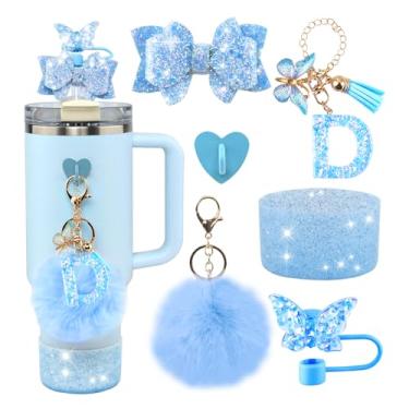 Imagem de Conjunto de 6 peças de acessórios de copo Stanley azul - tampa de cobertura de palha de borboleta, laço brilhante para canudo, bota de silicone brilhante, pingente de letra e pompom para copos satnley