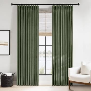 Imagem de PONY DANCE Cortinas plissadas de linho de algodão verde-oliva 243,8 cm de comprimento 2 painéis para sala de estar, cortina semitransparente com filtro de luz traseira com ganchos para porta de vidro