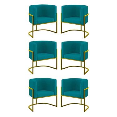 Imagem de Kit 06 Poltronas Lua Sala Decorativa Base De Ferro Gold Azul Turquesa