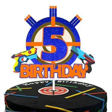 Imagem de Gun Target Happy 5th Birthday Cake Topper Five Years Old Blue Gun Birthday Party,Gun Shooting Crosshairs Themed Cake Decor Boys or Girls Anniversary Decorations Supplies