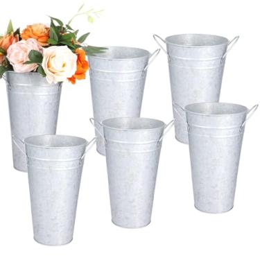 Imagem de Conjunto de 6 vasos galvanizados Farmhouse, porta-flores com alças laterais, baldes de metal rústico para decoração de mesa, casamentos e casas
