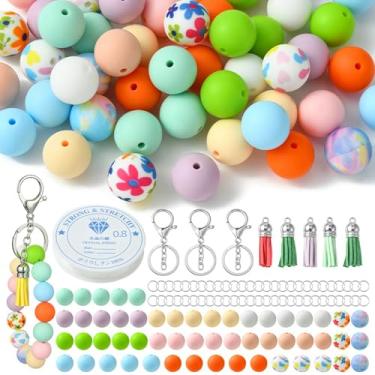 Imagem de MakemadeDIY Kit de fabricação de joias com 62 peças de miçangas – suprimentos para fabricação de chaveiros DIY com contas de silicone, 55 peças, chaveiro de ferro, pingentes de borla, pingentes de