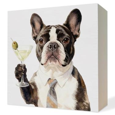 Imagem de ATBWGT Placa de madeira engraçada para amantes de buldogue francês martini, presentes de decoração francesa, placas de bloco de madeira martini buldogue francês para festa em casa, cozinha, bar, pub
