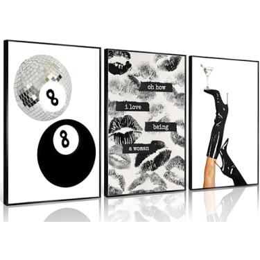 Imagem de Arte de parede em tela preta e branca Lucky Disco 8 bolas beijos lábios arte de parede retrô bota Martini pintura imagem decoração de parede pôster divertido arte para quarto feminino sala de estar