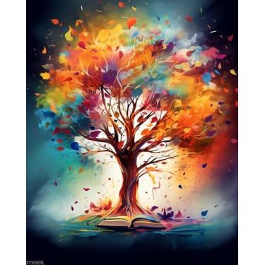 Imagem de XTXGERL Pintura por números para árvore de adultos, pintura a óleo faça você mesmo, tinta acrílica colorida por números, kits para adultos iniciantes para decoração de parede de casa 41 x 50 cm