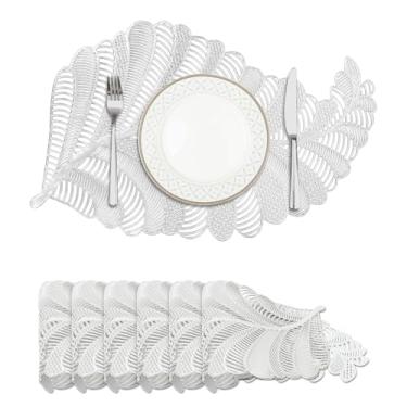 Imagem de Privalace Conjunto de 6 jogos americanos em forma de folha de PVC, 46 x 30 cm, tapetes de mesa prensados metálicos, lavável, antiderrapante, resistente ao calor e a manchas para festas internas e