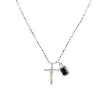 Imagem de LRJKUAJ Colar de cruz para mulheres, pingente de esmeralda natural CZ pingente de cruz gargantilha retangular delicado pingente de pedra preciosa religiosa joias modernas presentes, 17.7" + 2", Metal
