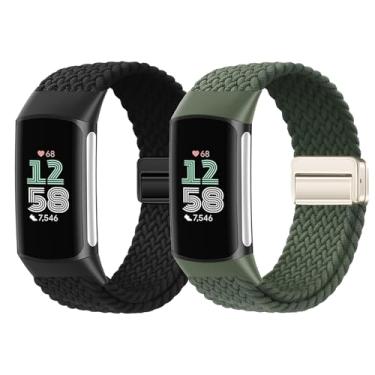 Imagem de LeyuBand Pacote com 2 pulseiras magnéticas de nylon trançado compatíveis com Fitbit Charge 5/Fitbit Charge 6 para mulheres e homens