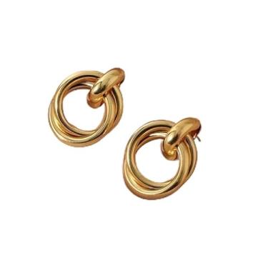Imagem de Brincos de argola dupla de ouro para mulheres, brincos vintage de nó redondo, joias de metal retrô estilosas