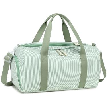 Imagem de BLUBOON Bolsa de ginástica fofa para meninas, crianças, com compartimento para sapatos e separação úmida à prova d'água, bolsa esportiva de viagem noturna, Listras brancas verde-sálvia, 18.1 x 8.7 x