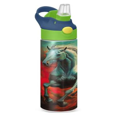 Imagem de Blueangle Garrafa de água isolada de aço inoxidável com pintura galopante de cavalo de 350 ml com tampa de canudo - Garrafa esportiva reutilizável à prova de vazamento para viagens, ao ar livre #789