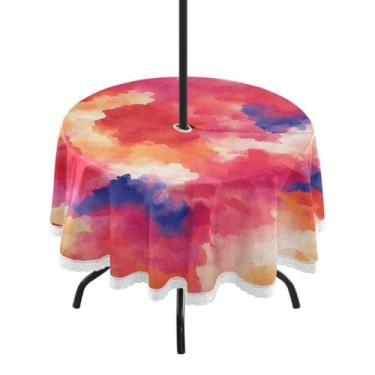 Imagem de CEBUGI Toalha de mesa redonda para uso externo, vermelha, tingida, impermeável, com furo Umberlla, capa de mesa lavável para pátio, cozinha, sala de jantar, 152 cm