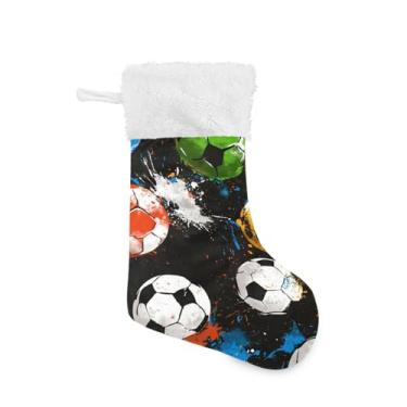 Imagem de Wassud Meia de Natal fofa com bolas de futebol brancas de 45,7 cm para decoração de lareira e cornija de lareira pacote com 2