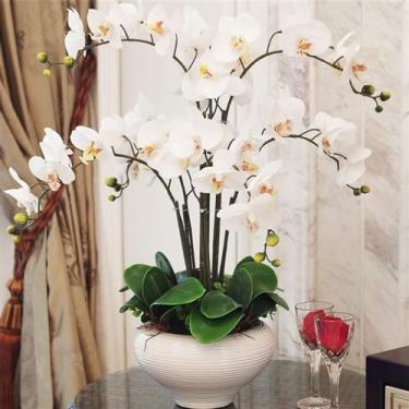 Imagem de LMJYU Conjunto de orquídeas artificiais com vaso flor artificial PU Phalaenopsis flores artificiais 50 cm orquídeas falsas para casa