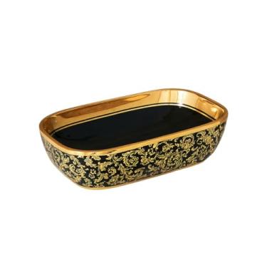Imagem de Cuba de Cerâmica Lucca para Banheiro, Preta com Detalhes Dourado Esmaltado