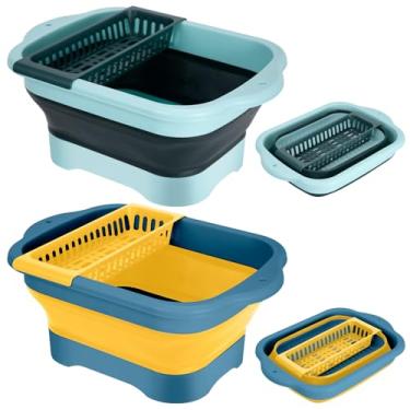 Imagem de Pacote com 2 lavatórios dobráveis com plugue de drenagem e pia portátil, balde dobrável de 11L (2,91 galões) com pia, lavatório dobrável para estação de campismo/acampamento/trailer/cozinha (verde e