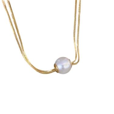 Imagem de Colar gargantilha com pingente de pérola, elegante, corrente de cobra dupla, joia feminina, Metal, Zircônia cúbica