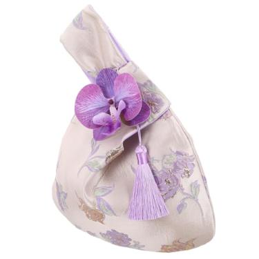 Imagem de Bolsa de pulso de brocado sedoso com borlas de orquídea decorativa bolsa de mão floral chinesa elegante bolsa de nó para casamentos, festas, eventos noturnos em estilo oriental