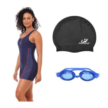 Imagem de Kit Natação Macaquinho Óculus Proteção UV e Touca Silicone Grande (Marinho - Óculos Azul, XGG)