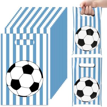 Imagem de JarThenaAMCS 50 peças de sacos de presente de futebol, azul, branco, plástico, brindes, lembrancinhas, doces, lanches, para fãs de jogos de equipe, suprimentos de aniversário