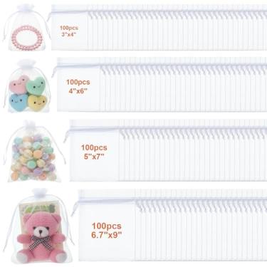 Imagem de Zhehao Pacote com 400 sacos de organza branca, 4 tamanhos, 7 x 10 x 15 x 17 cm, bolsas de malha com cordão para joias, lembrancinhas, presentes, mini garrafas de vinho