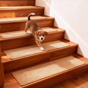 Imagem de Tapetes de escada para degraus de madeira internos, 20 x 76 cm antiderrapante para degraus de madeira com adesivo reutilizável - pacote com 4 (bege), seguro para crianças, idosos, animais de estimação