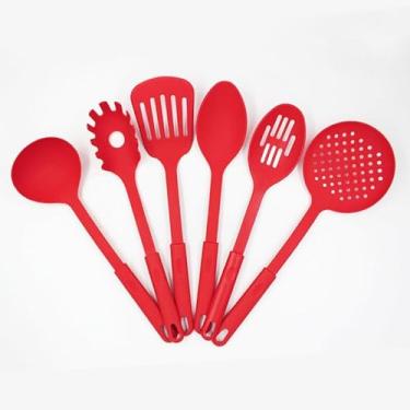 Imagem de Conjunto 6 Utensilios com Gancho de Cozinha de Nylon Colher Concha Escumadeira Espátula Pegadores (VERMELHO)