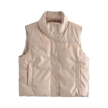 Imagem de Colete Feminino De Couro PU Preto Outono Inverno Com Gola Alta E Zíper