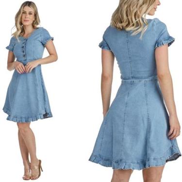 Imagem de Vestido Jeans Feminino HNO Midi com Babados Azul - HNO Jeans, M