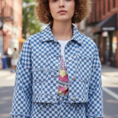 Imagem de Jaqueta Feminina Cropped Jeans Quadriculado Enfim, P, Azul