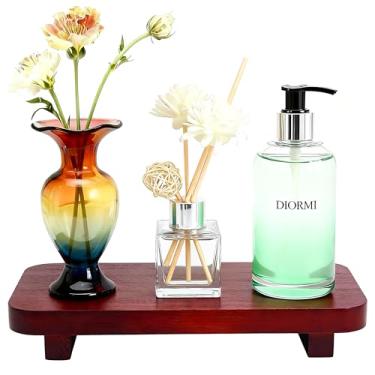 Imagem de ECOECO Suporte de madeira para decoração, suporte de pedestal de tamanho largo para banheiro, bandeja decorativa de fazenda, suporte de sabão para perfume, vela, esponja, 23 x 11,4 cm - vermelho