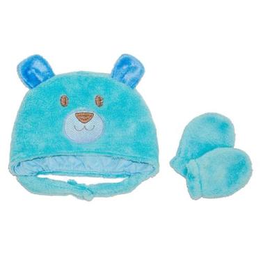 Imagem de Kit Gorro e Luvas para bebê Tamanho RN Baby Joy, Urso azul