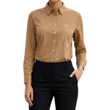 Imagem de Camisa Feminina Dudalina Slim Tricoline Stretch Bege - 30705-Feminino
