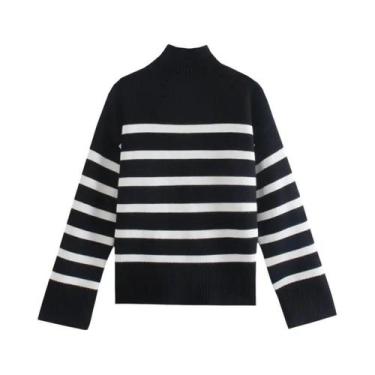 Imagem de Suéter De Tricô Feminino De Inverno Com Gola Alta E Listras Pretas E B