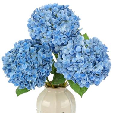 Imagem de Flores artificiais de hortênsia grande de toque real, 65 cm de altura, flores de hortênsia falsas de toque fresco - cabeça de 19,8 cm, flor azul de hortênsia falsa realista para decoração de casa