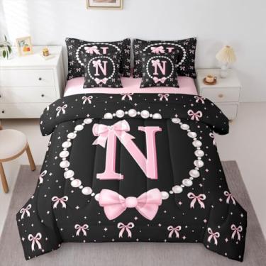Imagem de Erosebridal Conjunto de edredom solteiro com laço rosa e preto com inicial N - Jogo de cama com laço rosa coquette para meninas e crianças, lençol de cima, lençol de cima, com laço e laço