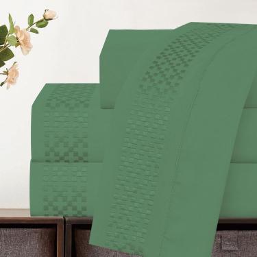 Imagem de Jogo De Lençol Casal Quadratto Bordado 300 Fios Micropercal Toque De Algodão 4 Peças - Verde - 100% Poliéster