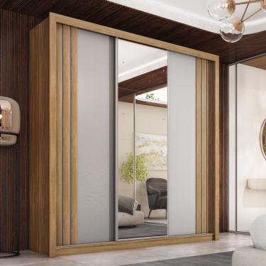 Imagem de Guarda Roupas Casal Com Espelho 3 Portas De Correr 2 Gavetas Moema Flex Madeirado/off White/black