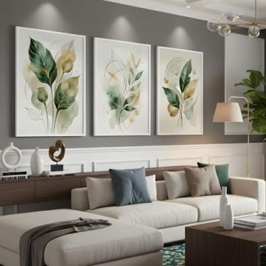 Imagem de Kit 3 Quadros Folhagem Verde Dourado Aquarela com Moldura - Zarco Inte