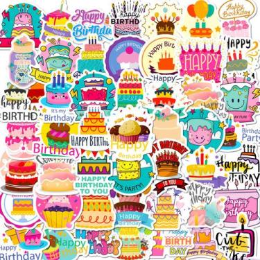 Imagem de Pacote de adesivos, vinil de aniversário, 50 peças, bolo, cupcake, des